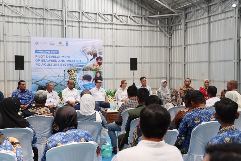 UNDP bersama Wakil Menter Luar Negeri Havas, Dirjen KKP Tb. Haeru, dan perwakilan dari kementrian bappenas dan pembudidaya rumput laut mengunjungi tambak di Tlocor dan koperasi Agar Makmur Credit photo: UNDP