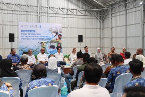 UNDP bersama Wakil Menter Luar Negeri Havas, Dirjen KKP Tb. Haeru, dan perwakilan dari kementrian bappenas dan pembudidaya rumput laut mengunjungi tambak di Tlocor dan koperasi Agar Makmur Credit photo: UNDP